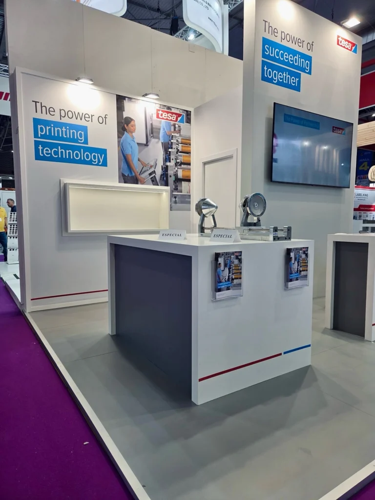 tesa stand at Labelexpo Europe, Fira Gran Via Barcelona, delivered by Exhibitek Displays, exhibition stand company in Spain